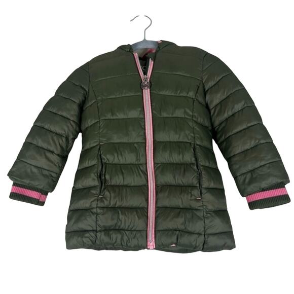 Michael Kors Puffer Jacket Girls Size 2T Green Pink Warm Winter Coat Hooded - Picture 1 of 8